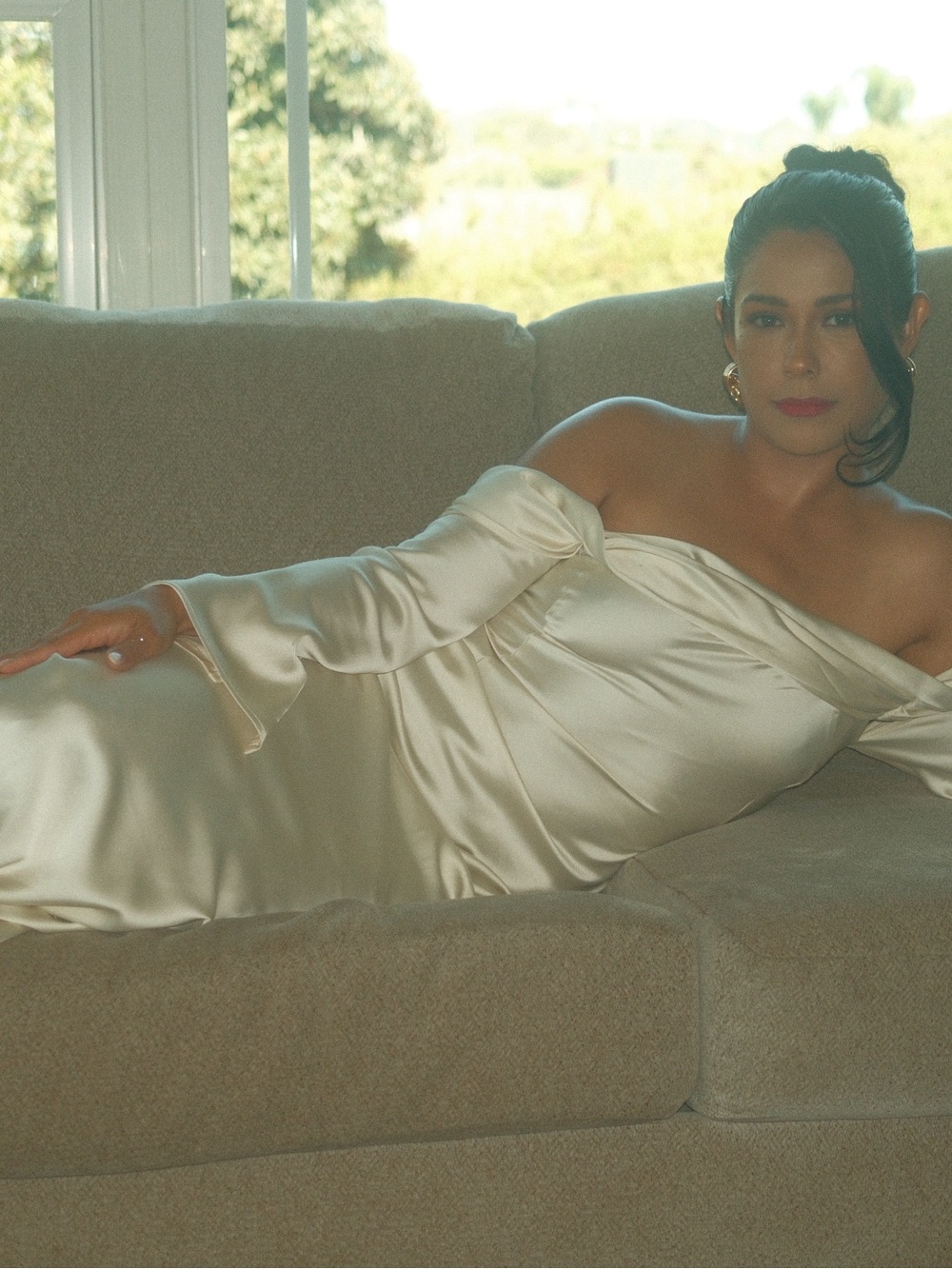 Fashion Nova Satin Off-Shoulder Slip Dress - Ivory